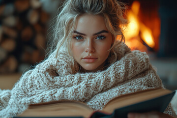 Canvas Print - A person wrapped in a soft blanket while reading a book by a fireplace. Concept of comfort and self-care.