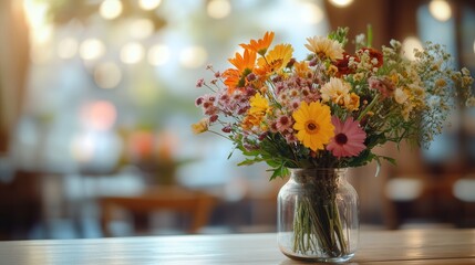 Poster - A vibrant bouquet filled with various flowers sits in a glass vase, illuminated by soft lighting in a rustic setting. Generative AI