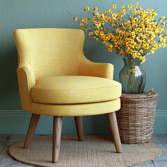 cozy light yellow chair stands elegantly in light green living room, accompanied by vase of vibrant yellow flowers, creating cheerful and inviting atmosphere