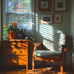 cozy living room corner featuring wooden chair with floral upholstery, wooden drawer chest, and vibrant houseplants basking in sunlight. interplay of light and shadows creates warm, inviting