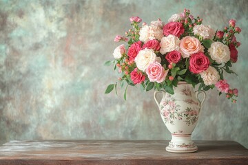 Poster - A classic bouquet of roses and carnations brightens up an antique wooden table in a charming vintage-inspired setting. Generative AI
