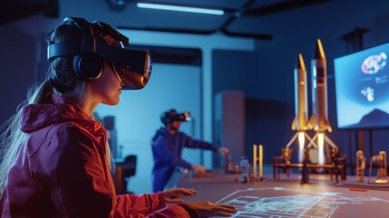 Fototapete - In a modern technology lab, two individuals engage with virtual reality equipment