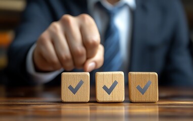Poster - Regulatory compliance and project feasibility,  Businessman chooses wooden block with approval mark, approve or reject business proposal