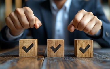 Poster - Regulatory compliance and project feasibility,  Businessman chooses wooden block with approval mark, approve or reject business proposal