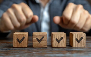 Poster - Regulatory compliance and project feasibility,  Businessman chooses wooden block with approval mark, approve or reject business proposal