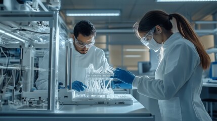 Two scientists are focused on their work in a modern laboratory, wearing protective gear and examining advanced equipment, showcasing dedication to research and innovation in a sterile environment.