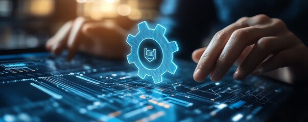 Aufkleber - RPA, Business robotic process automation concept Person with gear icon on virtual screen for improve productivity and management efficiency