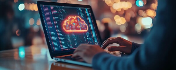 Fototapete - Secure access to data on cloud Person use laptop with cloud computing technology that provides online network services, applications, server systems, Storage, networking