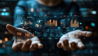 Poster - Businessman show data management system on virtual screen to make report with KPI and metrics connected to database finance