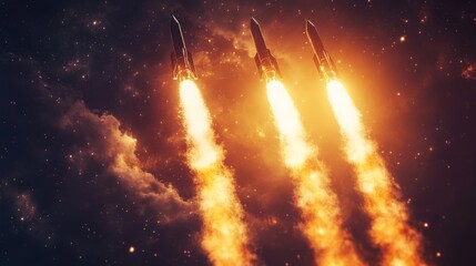 Aufkleber - Three rockets ascend into the dark expanse of space, leaving trails of bright flames and smoke behind