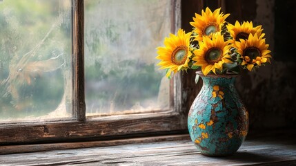 Wall Mural - Sunflowers Blooming Through the Window