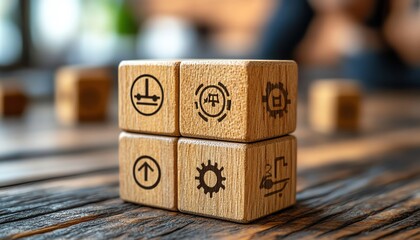 Poster - Standard quality control certification assurance concept, ISO certification and standardization, wooden block with quality control icons