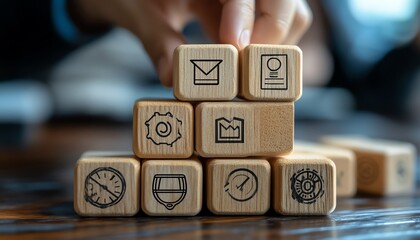 Poster - Standard quality control certification assurance concept, ISO certification and standardization, wooden block with quality control icons