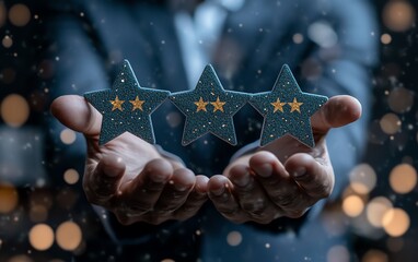 Poster - Businessman show sign of top service Quality assurance with five stars