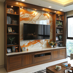 modern living room featuring stylish wooden entertainment unit with large flat screen TV, complemented by elegant decor and marble backdrop. warm tones create cozy atmosphere