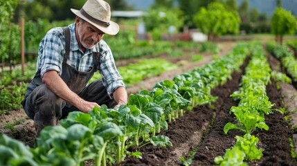 Wall Mural - A farmer inspecting a row of healthy vegetable plants in a large garden