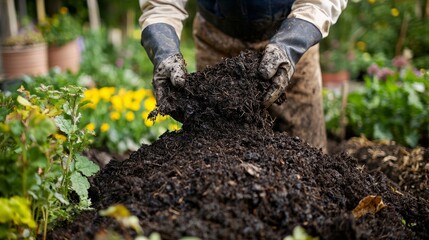 Wall Mural - A farmer spreading organic compost over a garden bed, enriching the soil for the upcoming planting season