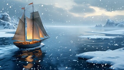 Wall Mural - Nautical adventure through icy waters under a serene snowfall, showcasing stunning photorealistic detail