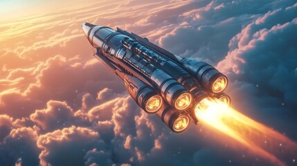 Aufkleber - A rocket launches into the evening sky, piercing through fluffy clouds while its thrusters emit a bright orange glow. The backdrop features a beautiful sunset blending colors in the atmosphere.