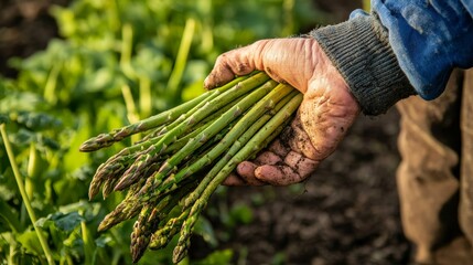 Wall Mural - A farmer's hand holding a bundle of fresh asparagus spears, just harvested from the field