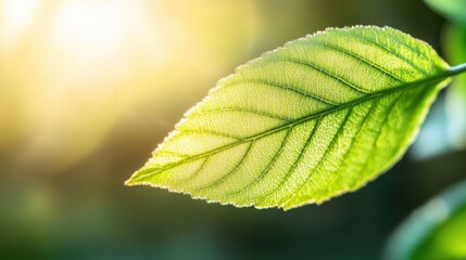 Wall Mural - Sunlight streams through the veins of a vibrant green leaf, highlighting its intricate structure during a serene afternoon moment