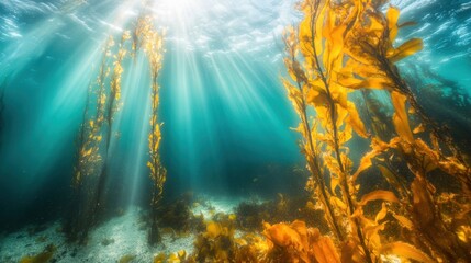 Wall Mural - Beams of sunlight pierce through the surface, illuminating a vibrant kelp forest teeming with life and movement