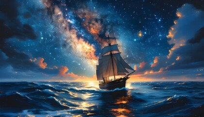 Wall Mural - Cosmic Voyage: A Ship Navigating Through the Starry Night, Blending Maritime Adventure with Celestial Wonders