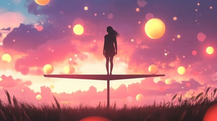 Poster - A person stands alone on a narrow platform, silhouetted by a stunning sunset filled with vibrant colors and glowing orbs. The scenery captures a moment of introspection and wonder.