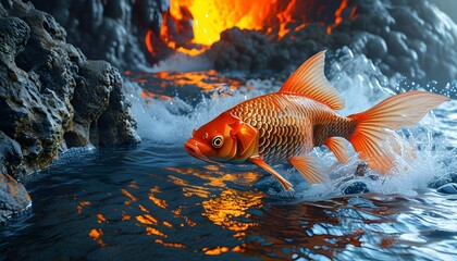 Wall Mural - Realistic fish navigating a river within a volcano, showcasing the striking contrast of water and fire in a highly detailed environment