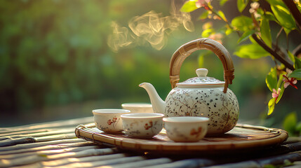 Wall Mural - An elegant tea arrangement with a delicate teapot, fine teacups, and a serene environment.