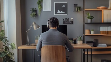 Aufkleber - A young man sits at a wooden desk in a contemporary home office, wearing headphones as he focuses on his computer