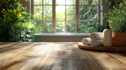 bright airy bathroom interior featuring a stylish wooden table top set for product display with a blurred background showcasing elegant bathroom fixtures and a peaceful ambiance