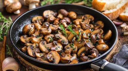 Wall Mural - A sauted dish of sweet honey mushrooms, garlic, and herbs sizzling in a skillet, ready to be served with crusty bread.