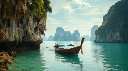 Wall Mural - A serene view of the emerald waters and limestone cliffs of Phang Nga Bay, with traditional longtail boats drifting by.