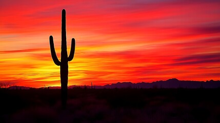 Wall Mural - solitary cactus silhouette against vibrant sunset