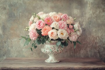 Poster - A beautifully arranged bouquet featuring roses and carnations sits in a vintage vase atop a rustic wooden table, creating a warm ambiance. Generative AI