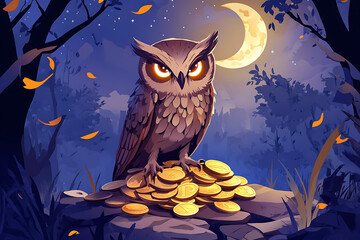 A wise owl perched on a pile of gold coins under a moonlit sky.