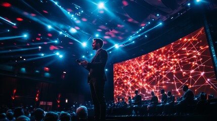 A man in a suit stands on stage, addressing a large audience. He is speaking into a microphone and gesturing with his hands. Behind him, a large screen displays a network of glowing lines