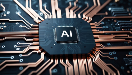 This high-tech background features an AI processor chip surrounded by intricate circuitry on a dark board with copper lines, highlighting advanced digital technology.