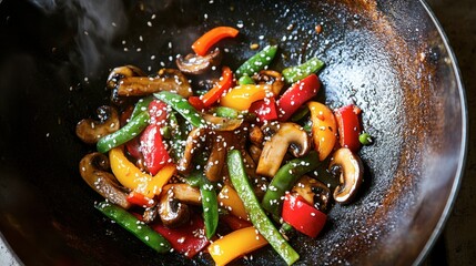 Wall Mural - A vibrant stir-fry with sweet honey mushrooms, colorful bell peppers, and snap peas, served in a traditional wok.