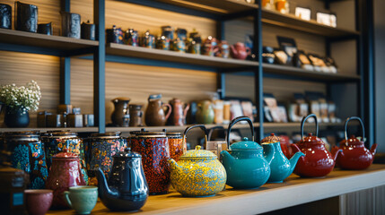 Wall Mural - An artistic tea display with a variety of colorful teapots, stylish teacups, and a range of tea blends.