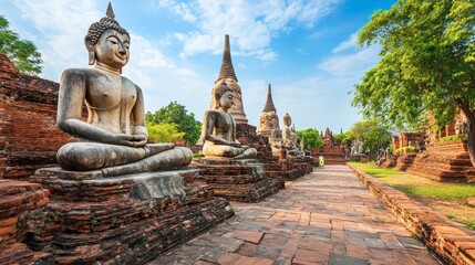 The ancient ruins of Ayutthaya, with towering Buddha statues and red-brick temples, standing amidst greenery.