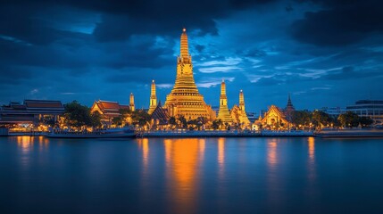 Wall Mural - Wat Arun, the Temple of Dawn, illuminated at dusk, with its intricate spires reflecting in the Chao Phraya River.