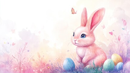 A cute pink bunny sits among colorful eggs and flowers, evoking a cheerful springtime scene.