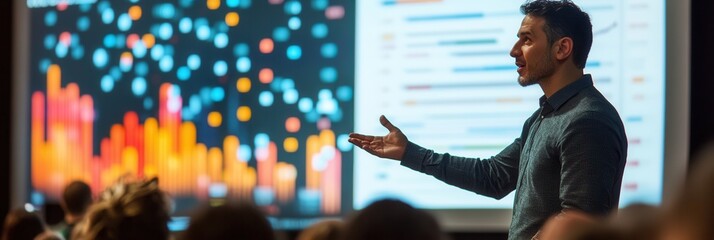 Aufkleber - An expert confidently delivers a presentation, showcasing colorful charts and graphs to an engaged audience during a conference. Generative AI
