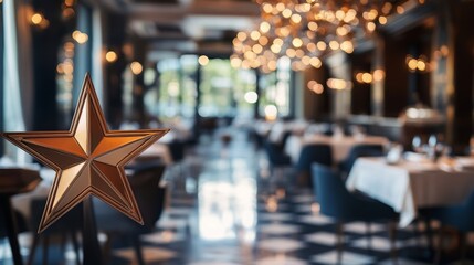 Leinwandbilder - A large golden star ornament hangs in a restaurant window. The interior of the restaurant is blurred in the background, showing tables, chairs, and a chandelier.