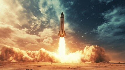 Aufkleber - A large rocket is seen ascending into the sky, leaving a trail of fire and smoke. The vibrant colors of the sunset create a dramatic backdrop, emphasizing the power of the launch.