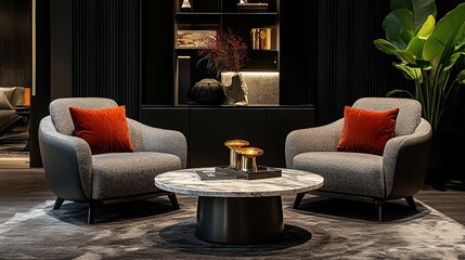 Two Grey Armchairs with Red Pillows and a Marble Coffee Table in a Modern Living Room