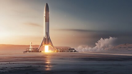 Aufkleber - A towering rocket lifts off into the sky at dawn, surrounded by a barren landscape. Flames and smoke erupt from its base as it ascends, symbolizing the advance of technology in exploration.