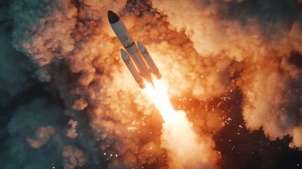 Aufkleber - A rocket lifts off from the launchpad, leaving behind a trail of fire and smoke. Surrounding clouds glow with orange and yellow hues as it ascends into the evening sky, showcasing human innovation.